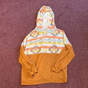 Women's Geometric Aztec Patterned Long Sleeve Hoodie - Orange and White